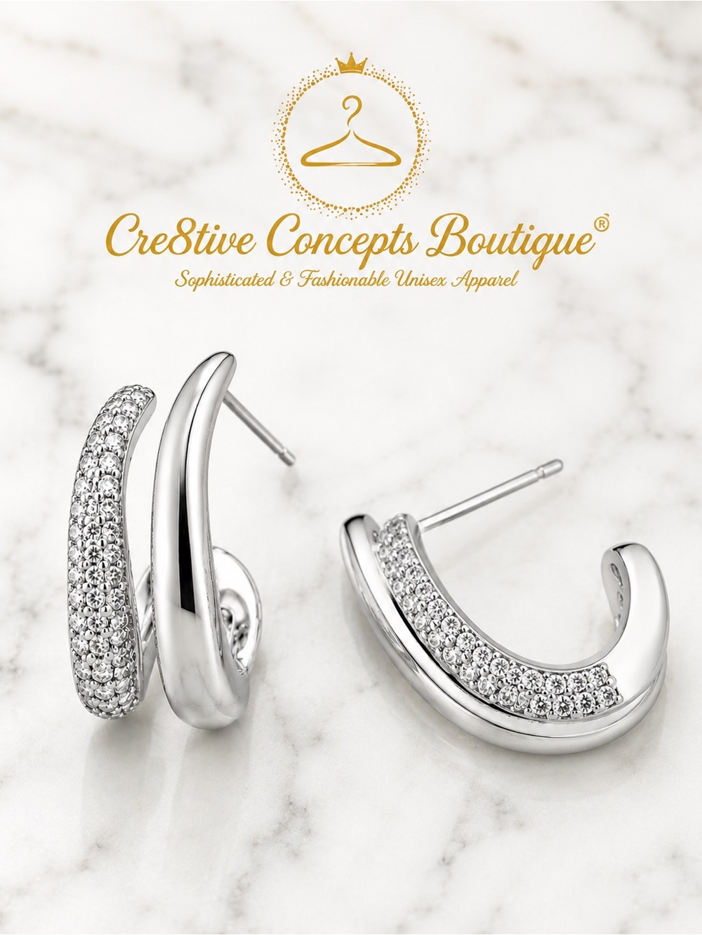 Cubic Zirconia Twisted Huggie Hoop Silver Statement Earrings